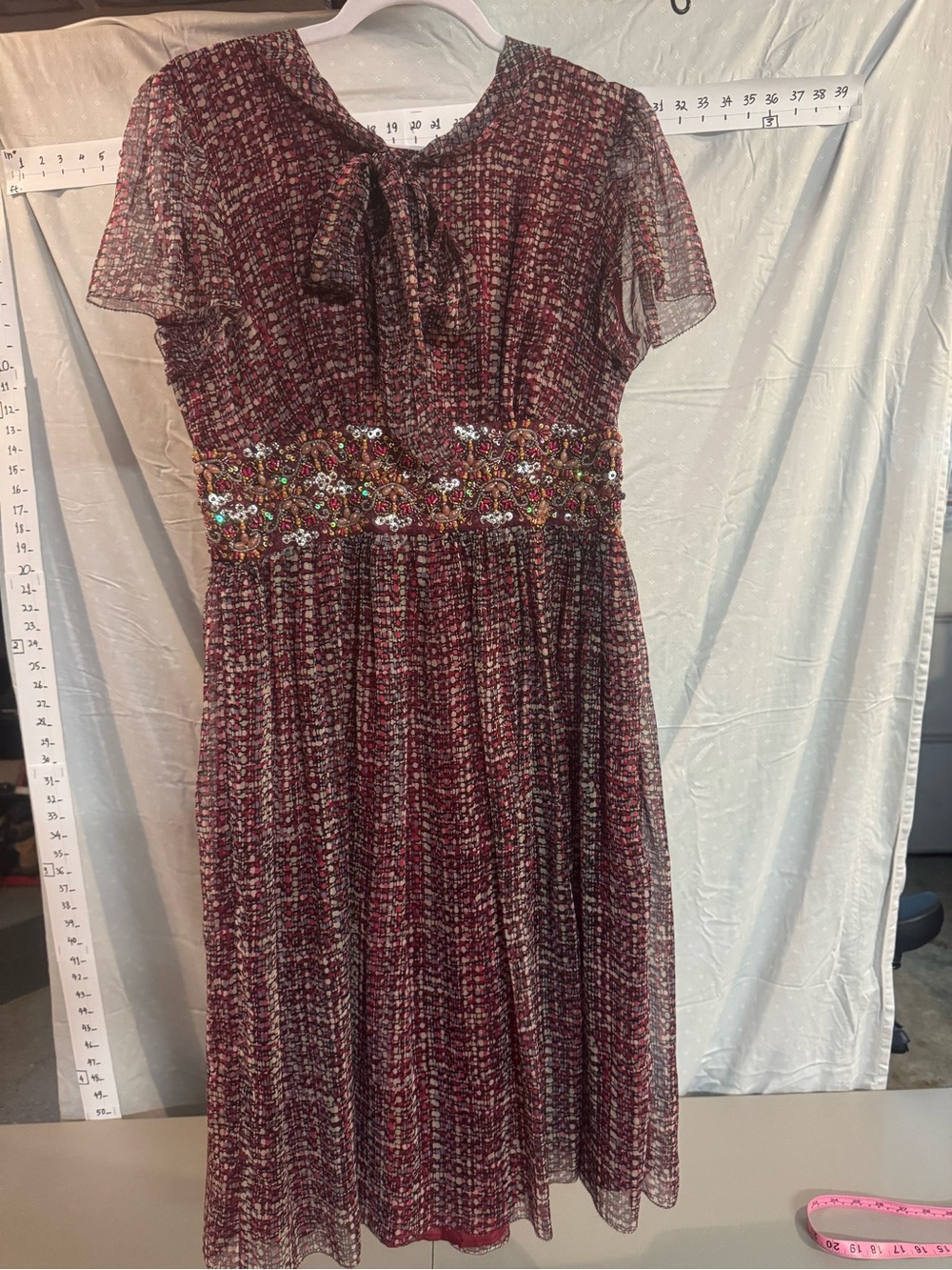 Cynthia Steffe Burgundy Pure Silk Tie-Neck Midi Dress with Embellished Waist